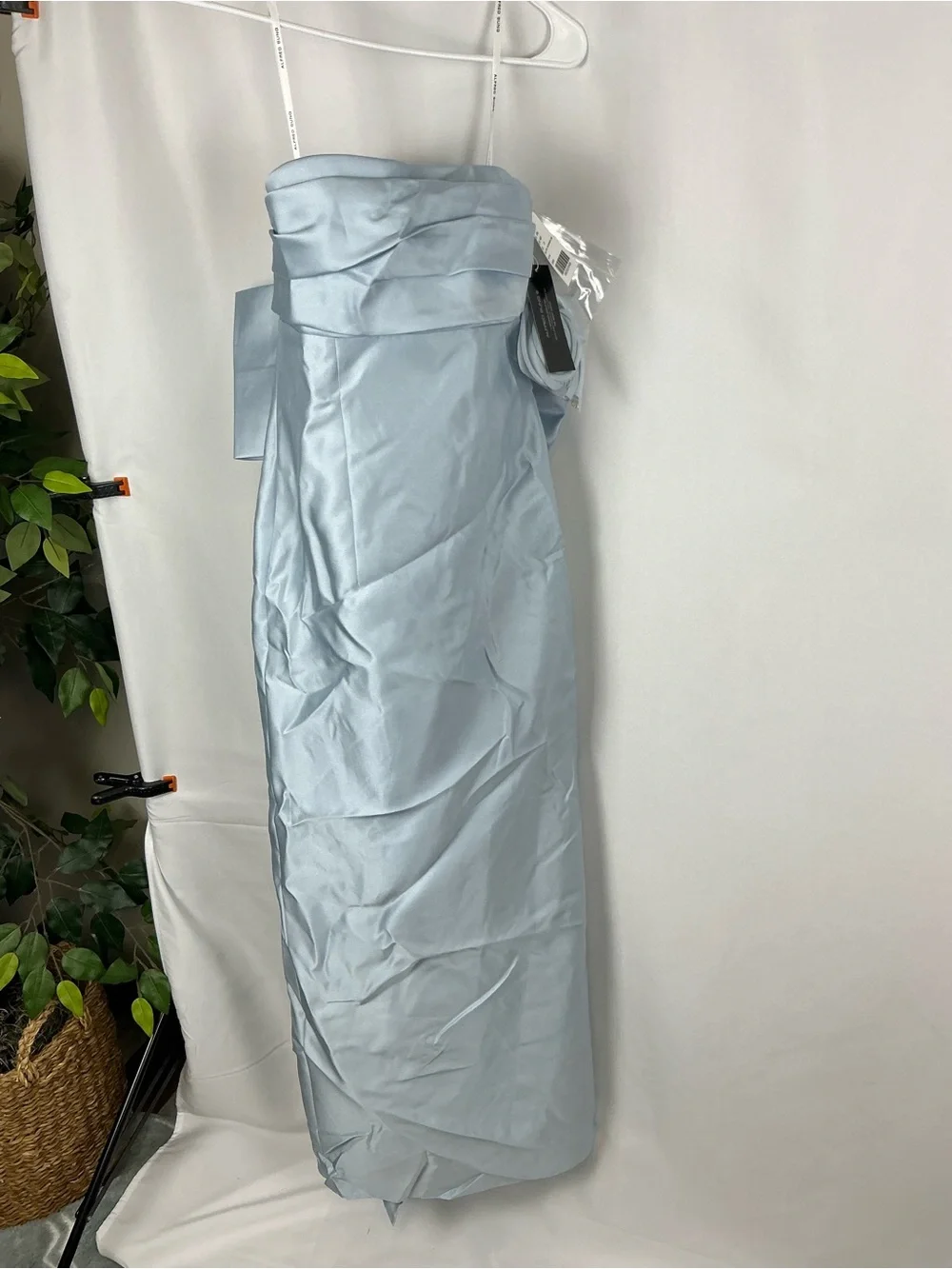 ALFRED SUNG Strapless Mist Blue Satin-Twill Column Gown with Back Bow